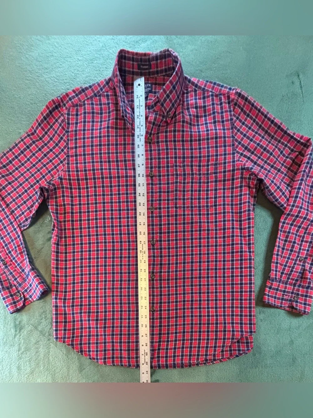 J. Crew Red and Navy Plaid Brushed Twill Button-Down Shirt, Size: L (6531)